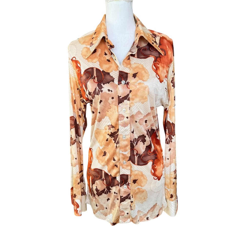 Vintage 70s Gentry Ltd Abstract Psychedelic Disco Collar Button Up Shirt Orange